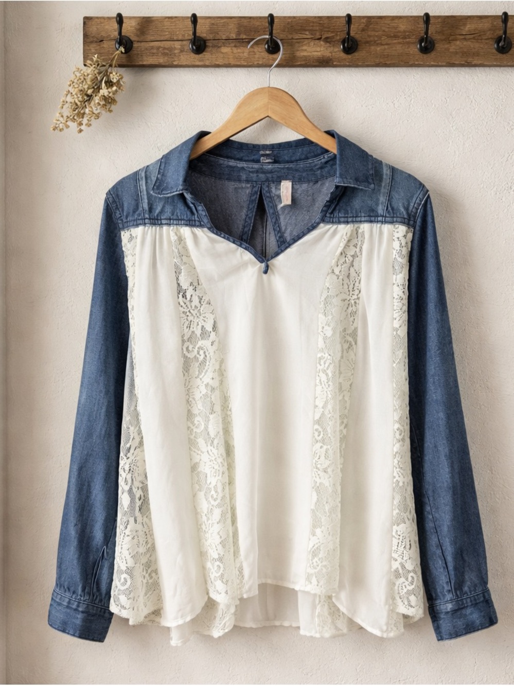 Free People Cream Lace Front with Blue Denim Sleeves Blouse